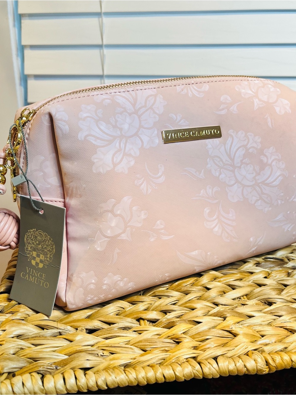 Vince Camuto Pale Pink Floral Cosmetic Pouch with Gold Hardware